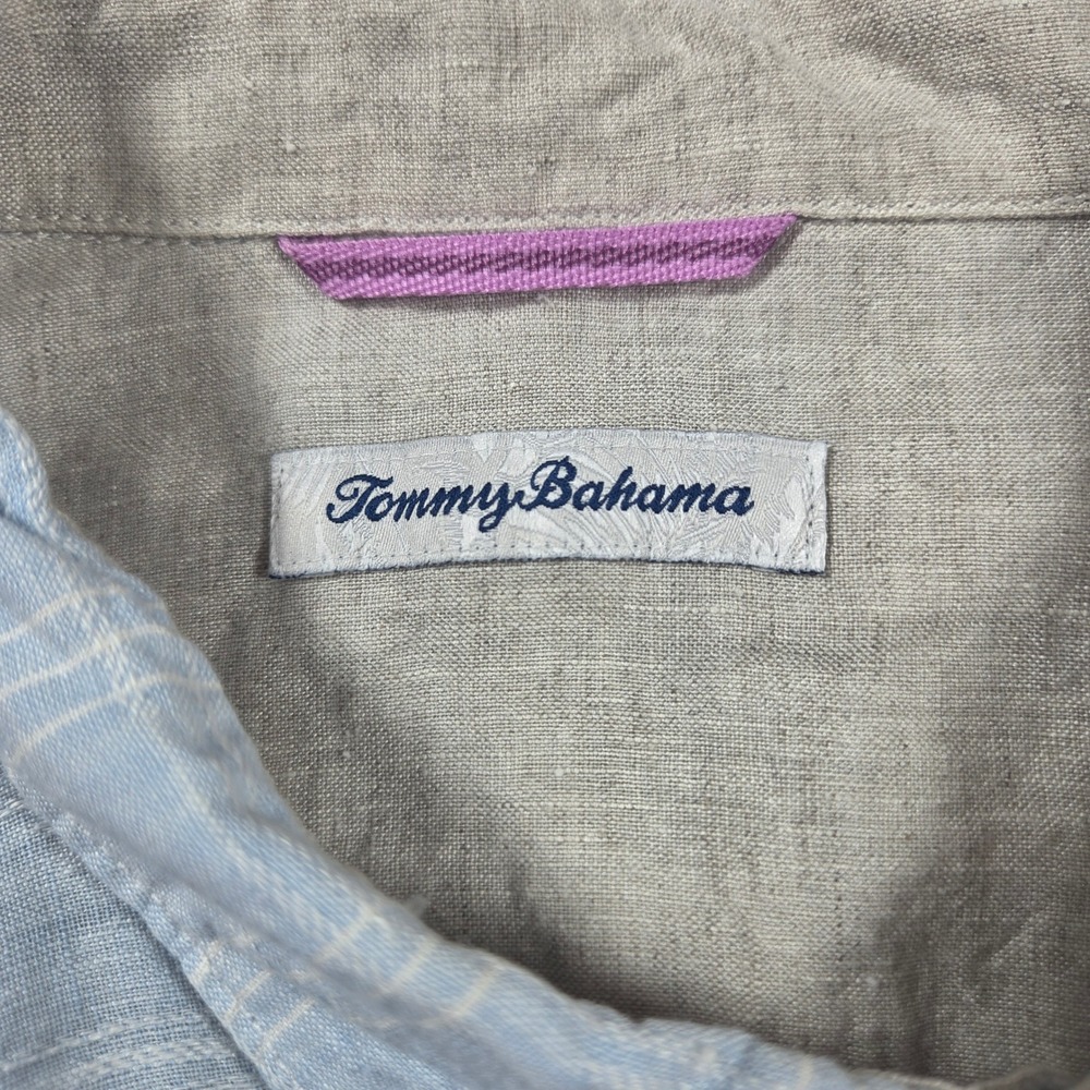 Tommy Bahama Mens XXL Blue White Grid 100% Linen Long Sleeve Button Down Shirt - Picture 4 of 11
